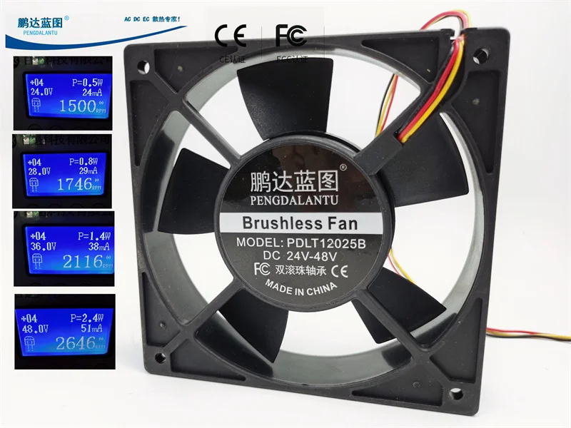 New 12025 24V 36v48v Universal Voltage 12cm Speed Measuring Mute Max Airflow Rate Double Ball Cooling Fan120*120*25MM