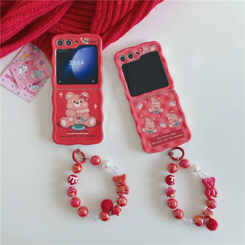 

Cute Red Cake Bear Phone Case for Samsung Galaxy Z Flip 5 4 3 Protective Back Cover for ZFlip3 ZFlip4 ZFlip5 Case Shell