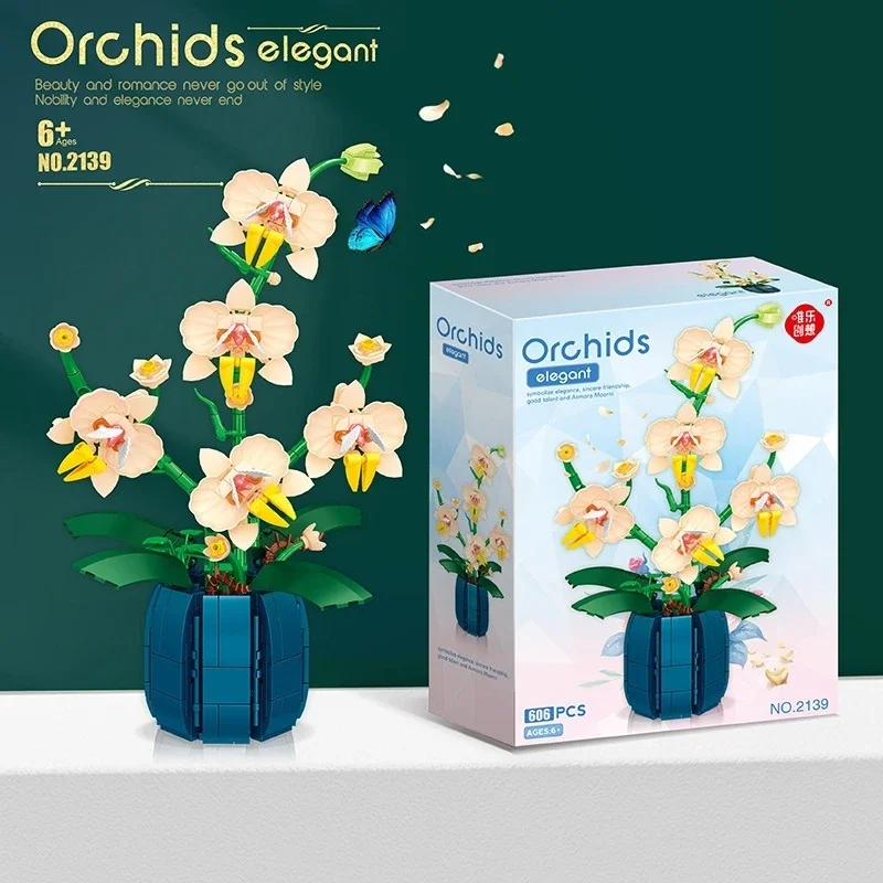 Moth Orchid Potted Building Blocks Bouquet Home Desktop Decoration Flower Puzzle Toy for Childrens Creative Holiday Gift