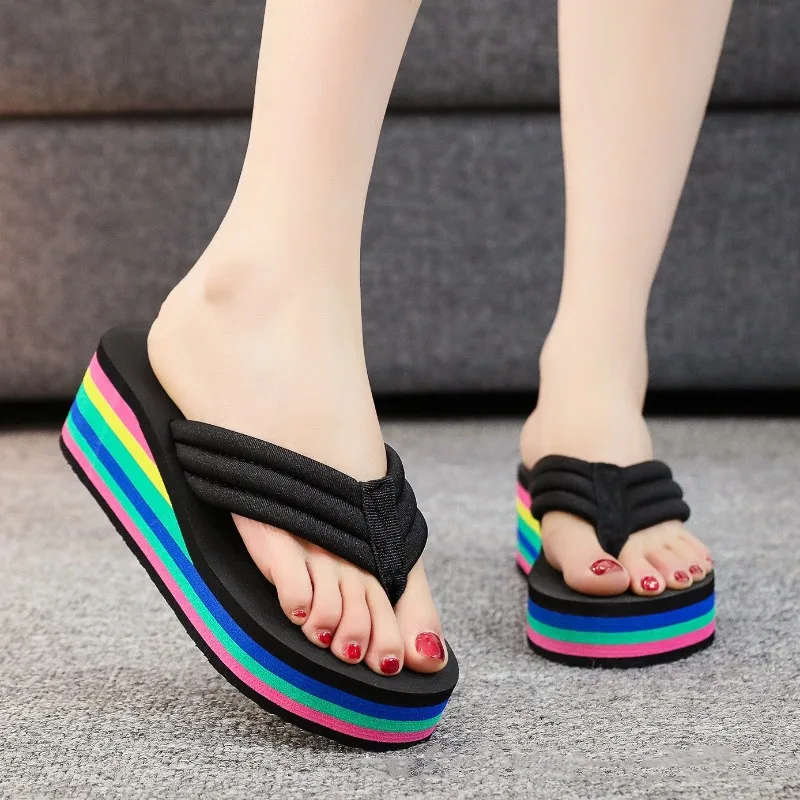 Rainbow Color Beach Flip Flops for Women Ladies Platform Shoes Soft EVA Light Weight Girls Home Slippers Street Wedges Sandals