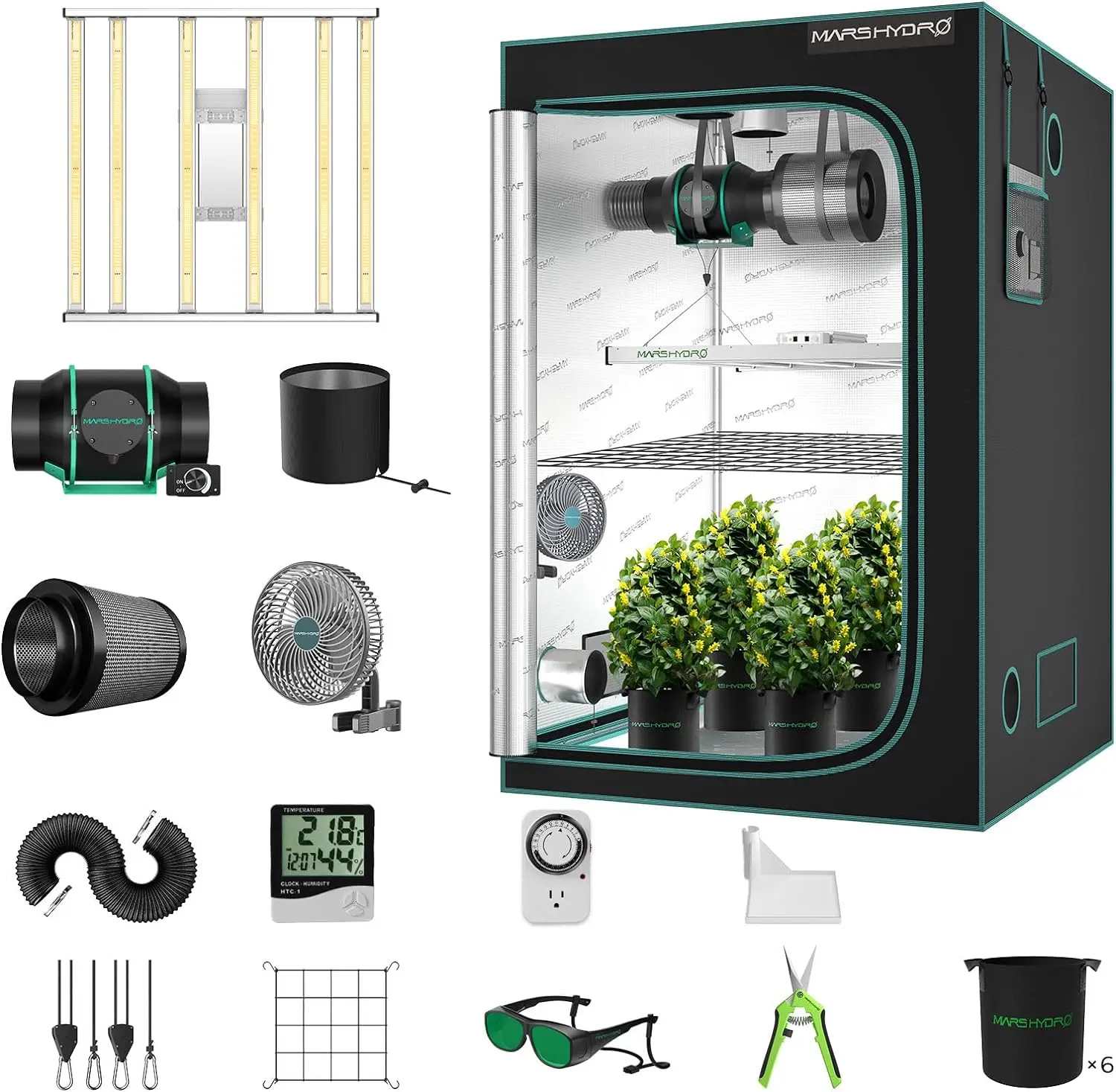 4x4 Smart Grow Tent Kit Complete 480W FC-E4800 APP WiFi Control Light 2646pcs LED 48"x48"x80" 1680D High Reflective Mylar Grow T