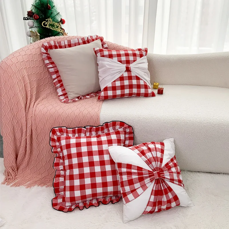 

Christmas Decorative Throw Pillow Cover Case Cotton Linen Red White Plaid Bowknot Sofa Cushion Backrest Cover Bedside PillowCase