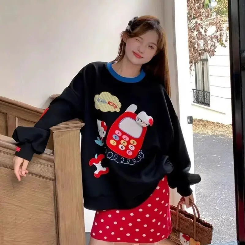 Sanrio Anime 헬로 키티 긴팔 스웨트 셔츠 카와이 가을 프린트 후드 코튼 걸스 탑 루즈 캐주얼 대형 탑