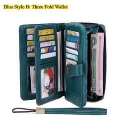 Elegant Anti - Theft Leather Women's Wallet - Long Zipper Clutch Bag with Card Holder (Blue - Three Fold)