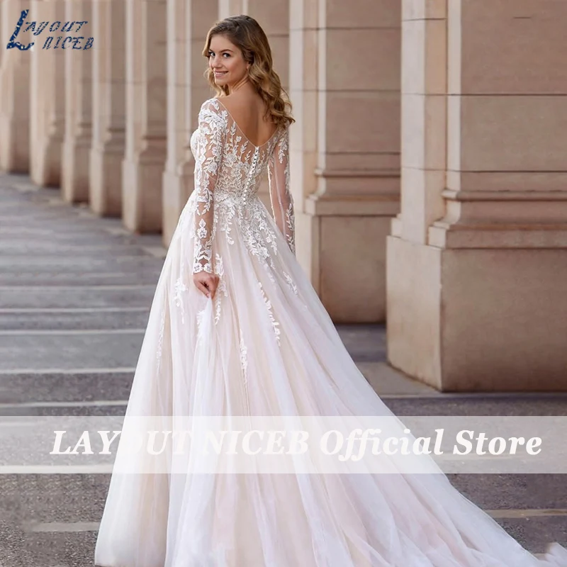 LAYOUT NICEB Vintage Long Sleeve Wedding Dress Lace Appliques Robe De Mari&eacute;e Illusion Back With Button Made Sweep Train