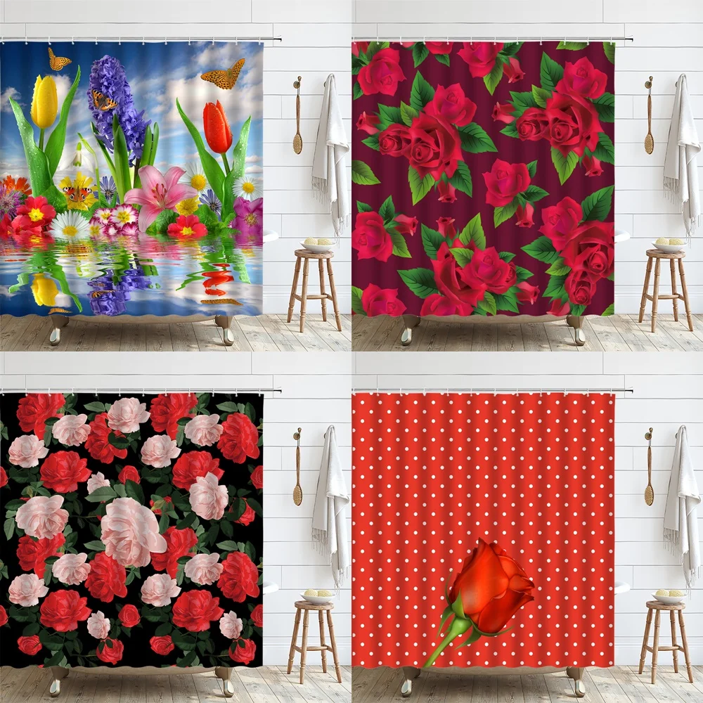 

Red Rose Flower Shower Curtains Spring Floral Butterfly Garden Art Bathroom Curtain Waterproof Fabric Bathtub Screen With Hooks