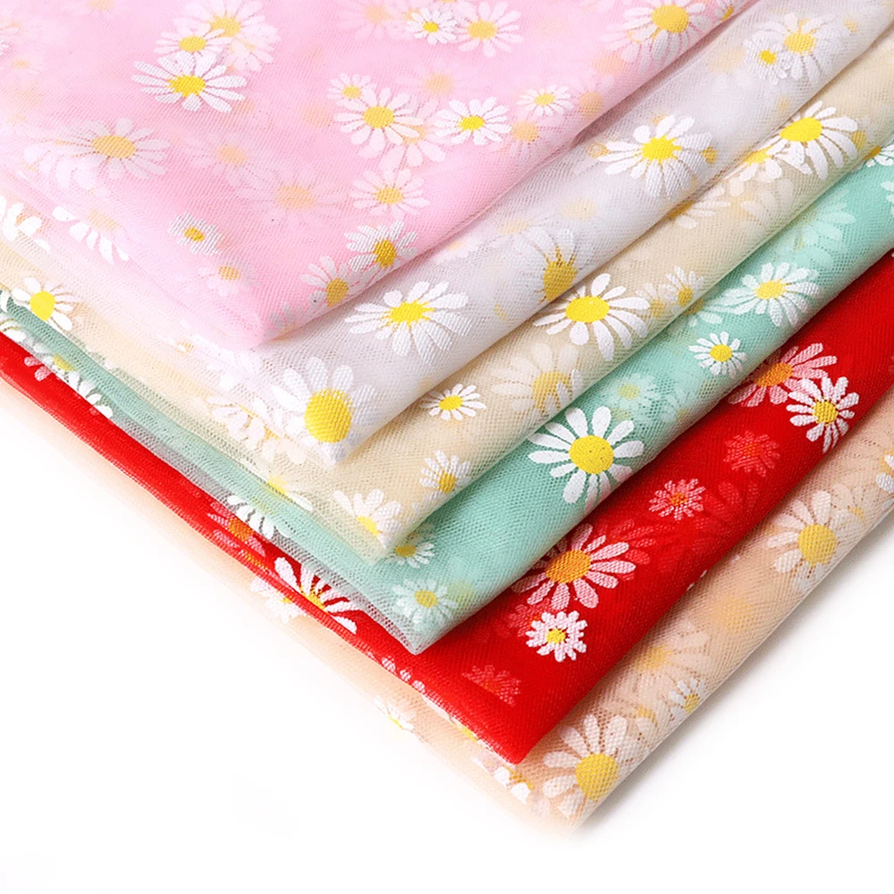 소녀용 데이지 인쇄 얇은 명주 그물 원단, 여름 공주 원피스, 수제 DIY 커튼 의류, 결혼식 무대 장식, 59 인치 x 35 인치 