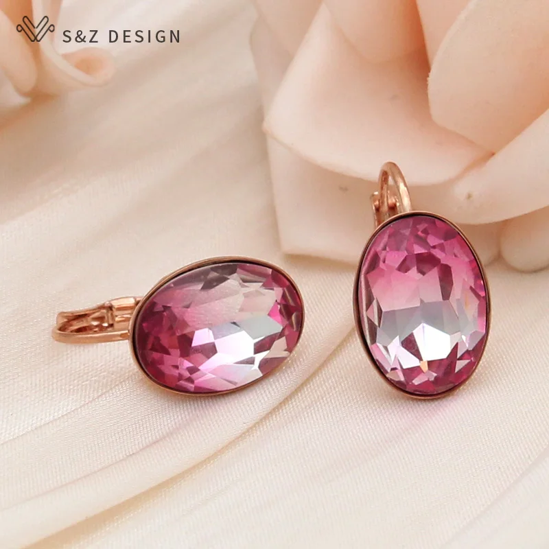 S&Z DESIGN New Fashion Oval Egg Shape Imitation Tourmaline Dangle Earrings For Women Wedding 585 Rose Gold Color Eardrop Jewelry