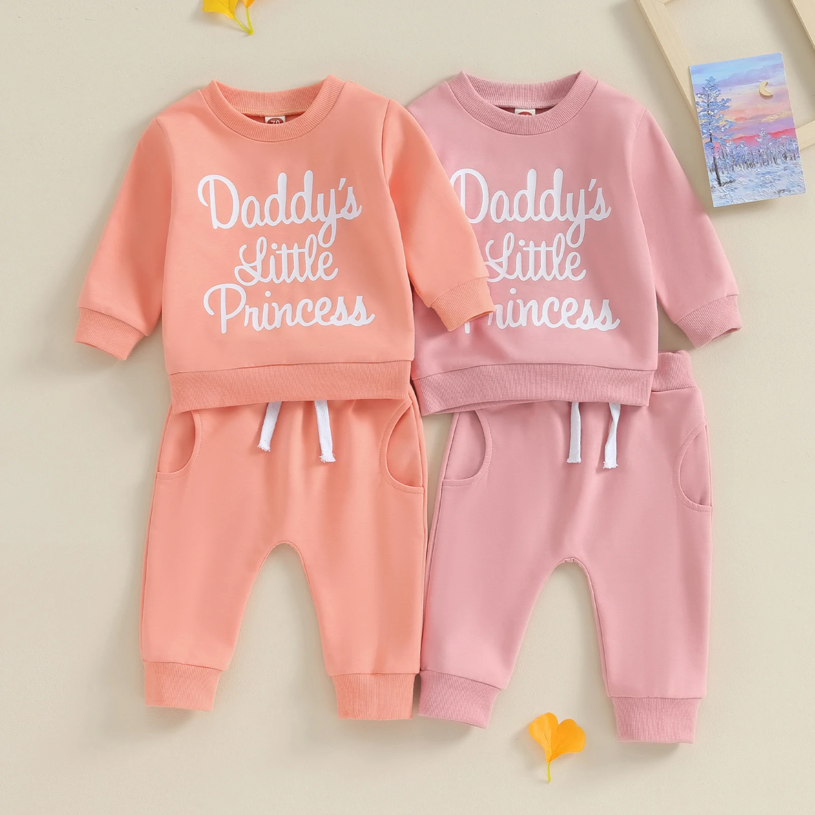 

Baby Girls Fall Spring Outfits Letter Print Crew Neck Long Sleeve Sweatshirts Elastic Waist Long Pants 2Pcs Girls Clothes Set