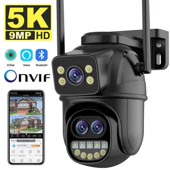 Telecamera IP WiFi da 9MP 5K HD Zoom 8x per esterni Telecamera PTZ a tre obiettivi a doppio schermo con tracciamento automatico Sicurezza domestica CCTV Sorveglianza Cam da 4MP