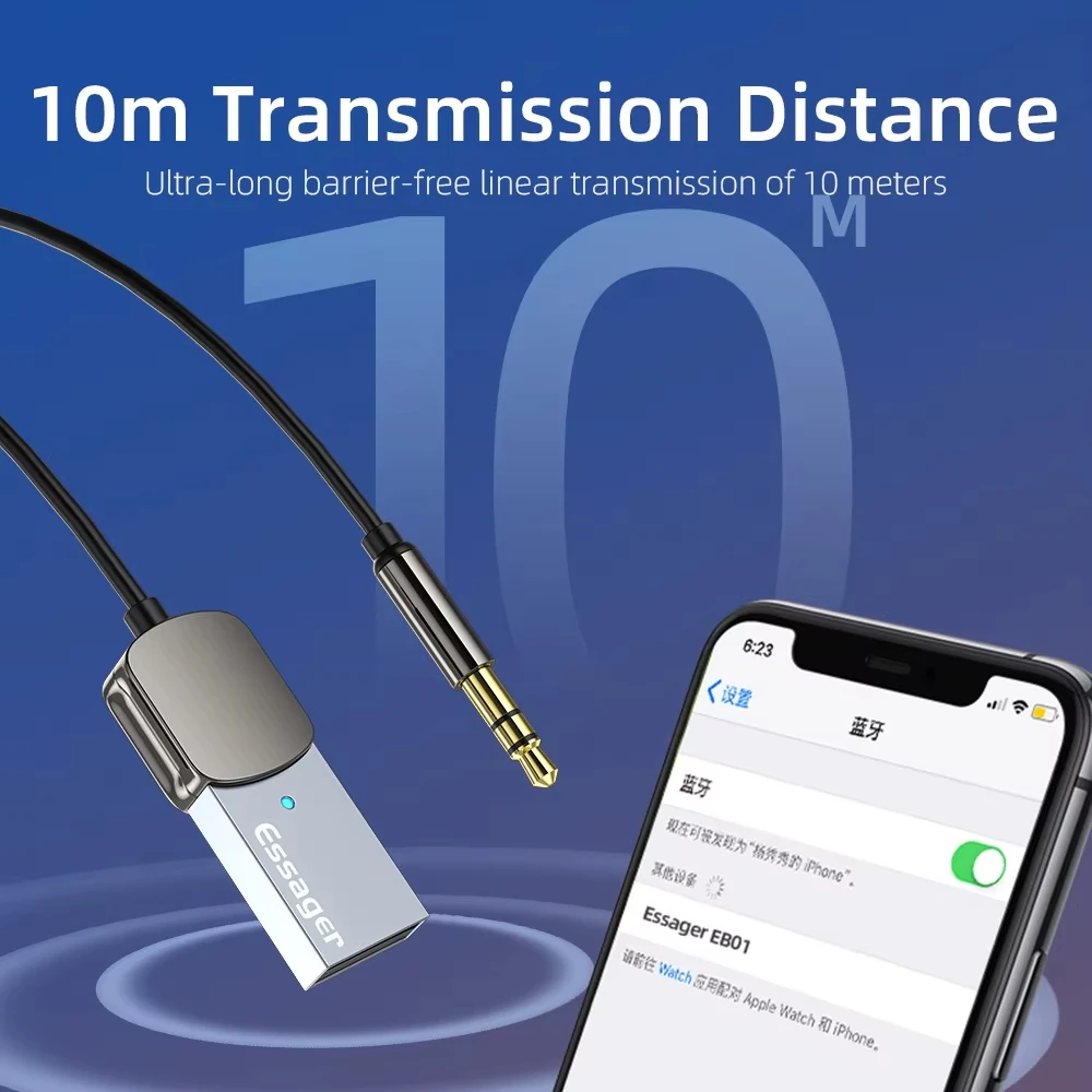 Essager 블루투스 Aux 어댑터 동글 USB 3.5mm 잭 차량용 오디오 Aux 블루투스 5.0 핸즈프리 키트 차량용 수신기 BT 송신기