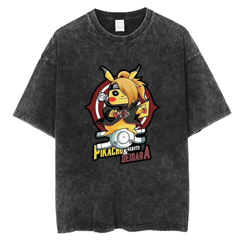 Anime Naruto AKATSUKI & Pokémon Pikachu Linkage Print T Shirt y2k Harajuku Hip Hop Street Unisex Casual Oversized Tees Cotton