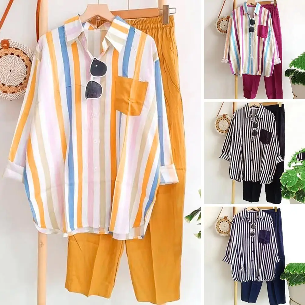

2Pcs/Set Shirt Pants Set Long Sleeve Trendy Elastic Waist Breathable Polyester Stripes Blouse Pants Suit Spring Top Women