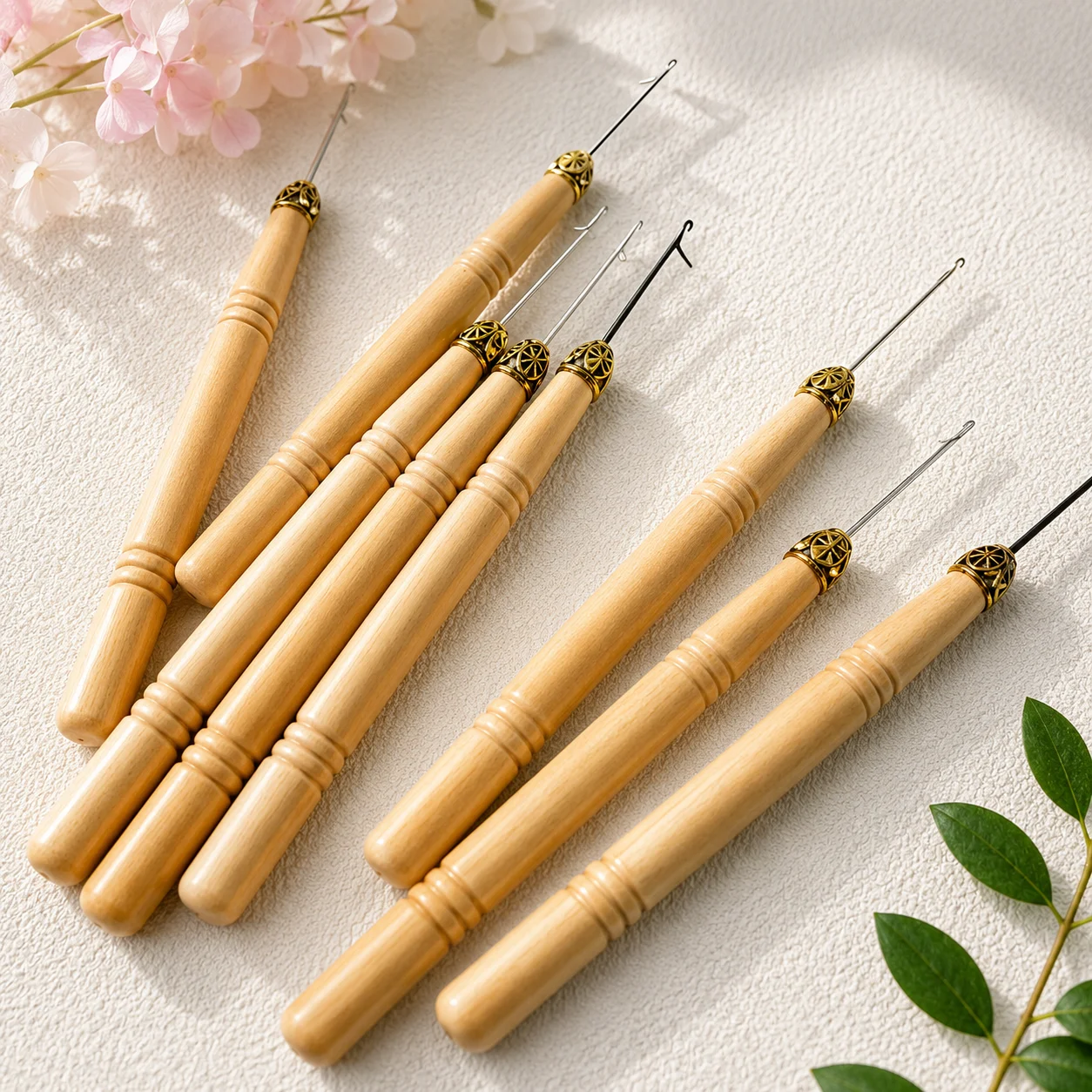 나무 손잡이가 있는 헤어 익스텐션 크로셰 바늘, 마이크로 링 비즈 헤어 익스텐..