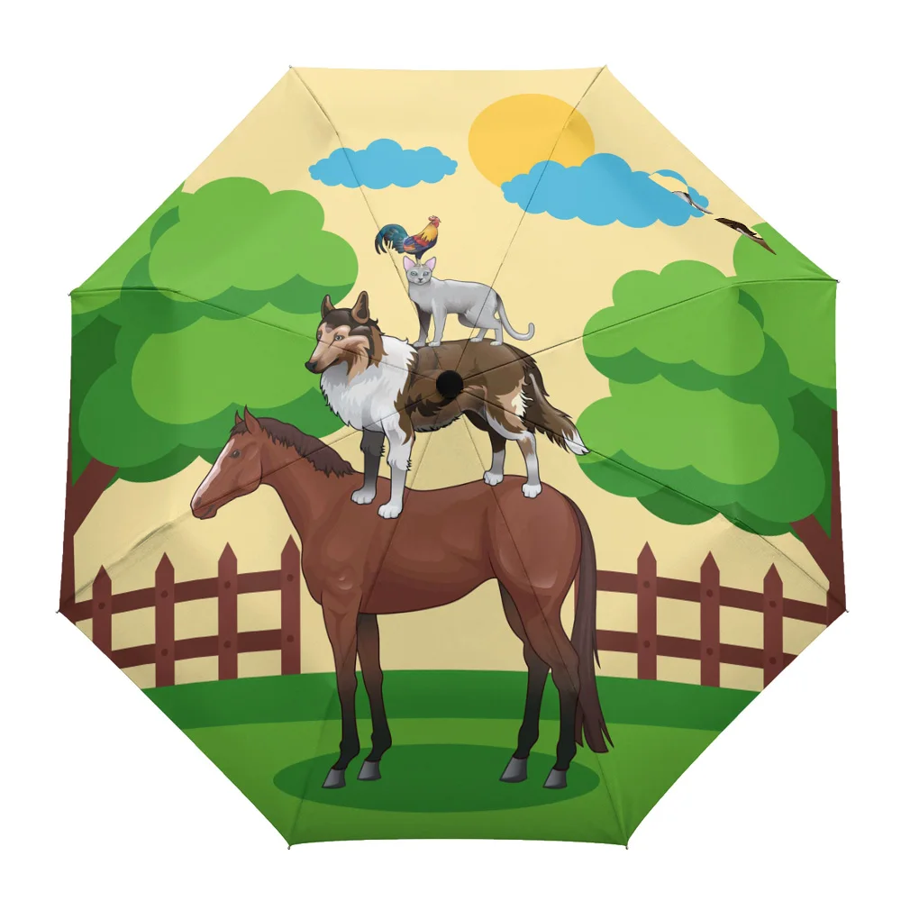 

Farm Animal Horse Dog Cat Summer Umbrella for Outdoor Fully-automatic Folding Eight Strands Umbrellas for Kids Printed Umbrella