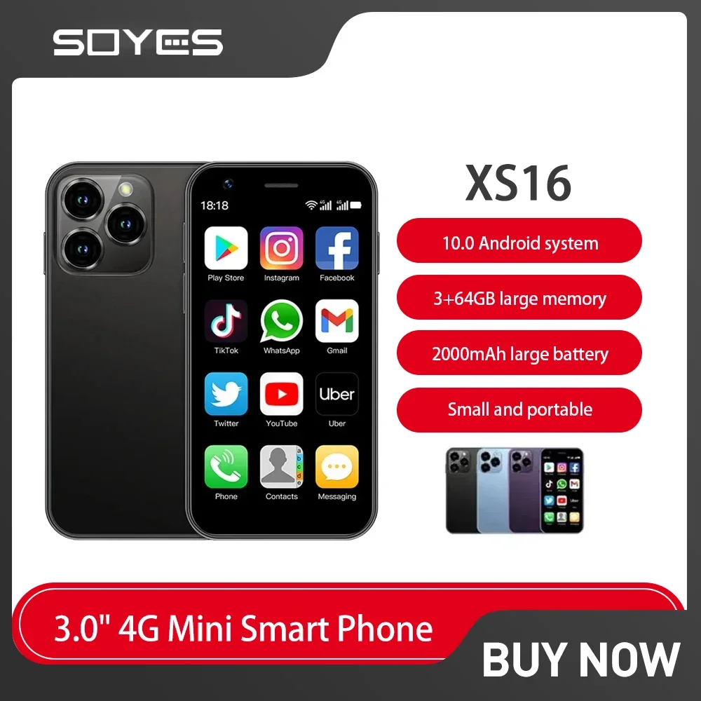 SOYES XS16 мини смартфон, экран 3,0 дюймов, 3 ГБ ОЗУ 64 Гб ПЗУ, Android 2000, четырёхъядерный soyes xs11 3g mini смартфон 1 гб озу 8 гб пзу экран 2 5 дюймов четырёхъядерный