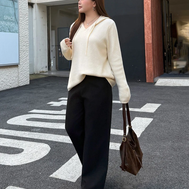 Fashion Plus Size Women's Sweater Premium Three Dimensional Knitted Warm Hooded V-Neck Jumpers Loose Autumn Winter 9427