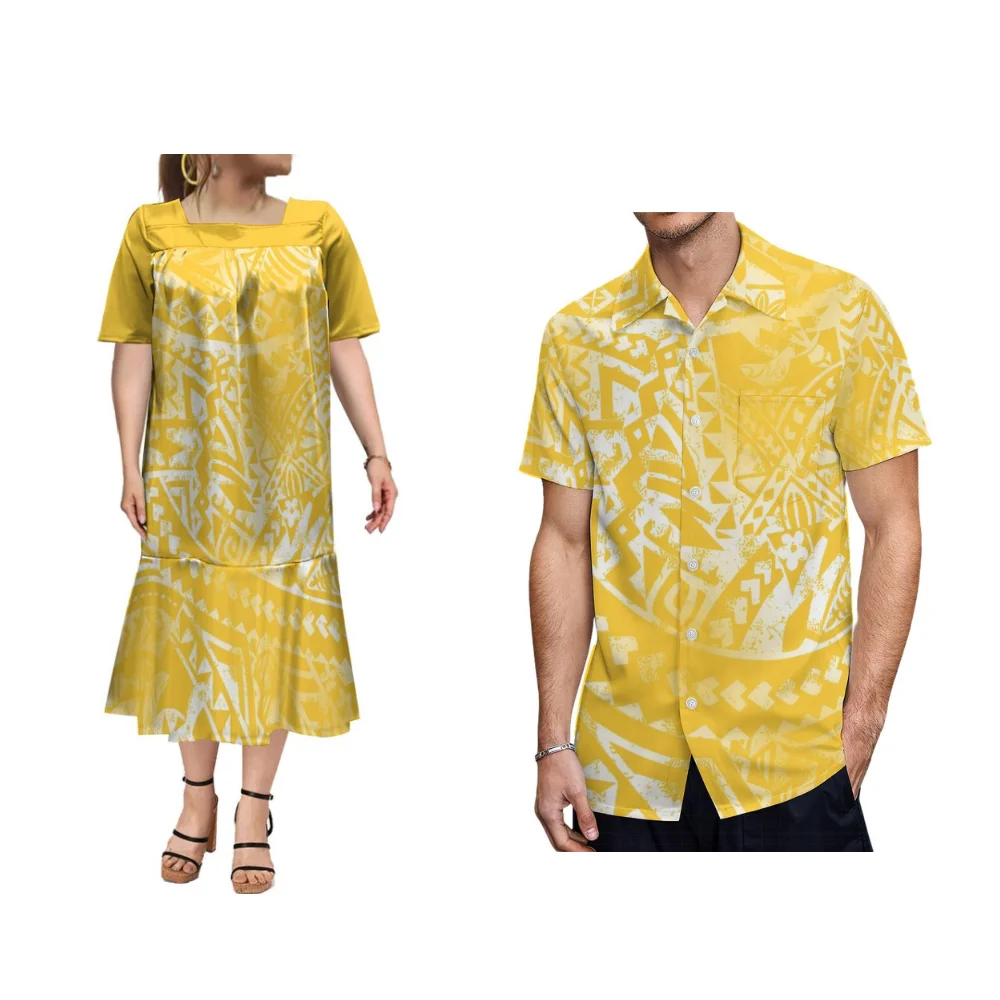 

Summer High Quality Bubble Sleeve Pocket Design Dress MUMU Polynesian Men's Shirt Couple Set Banquet Dress