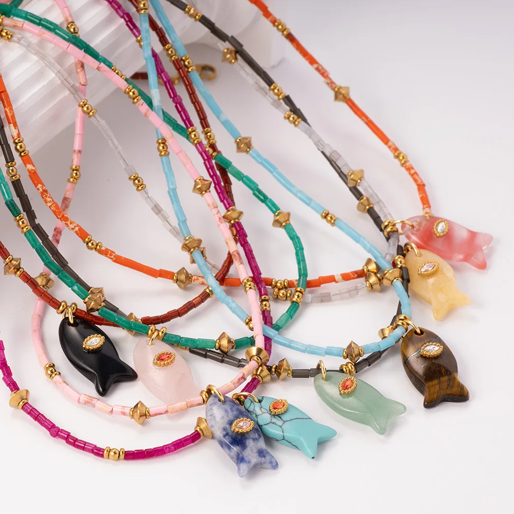 Handmade Natural Stone Fish Shape Pendant Beads Colour Short Neckalce Cute Opal Zircon Eye Neckalce Summer Collar Jewelry Gifts