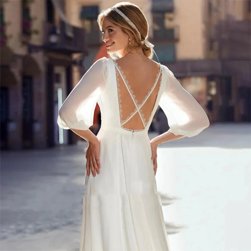 Glamorous Wedding Dresses Elegant Bridal Gowns Long Puff Sleeves Robes Chiffon Tiered Deep V-Neck Vestidos De Novia Customzied 2