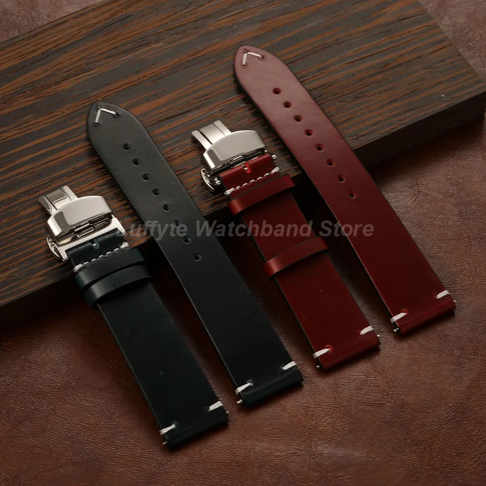 Men's Premium Oil Wax Leather Watch Band with Butterfly Buckle & Quick Release