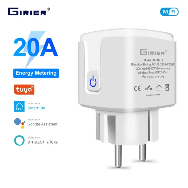 GIRIER Tuya Wifi Smart Plug 20A EU Smart Socket Outlet with Power Monitor Timer Function 4200W Compatible with Alexa Google Home 1