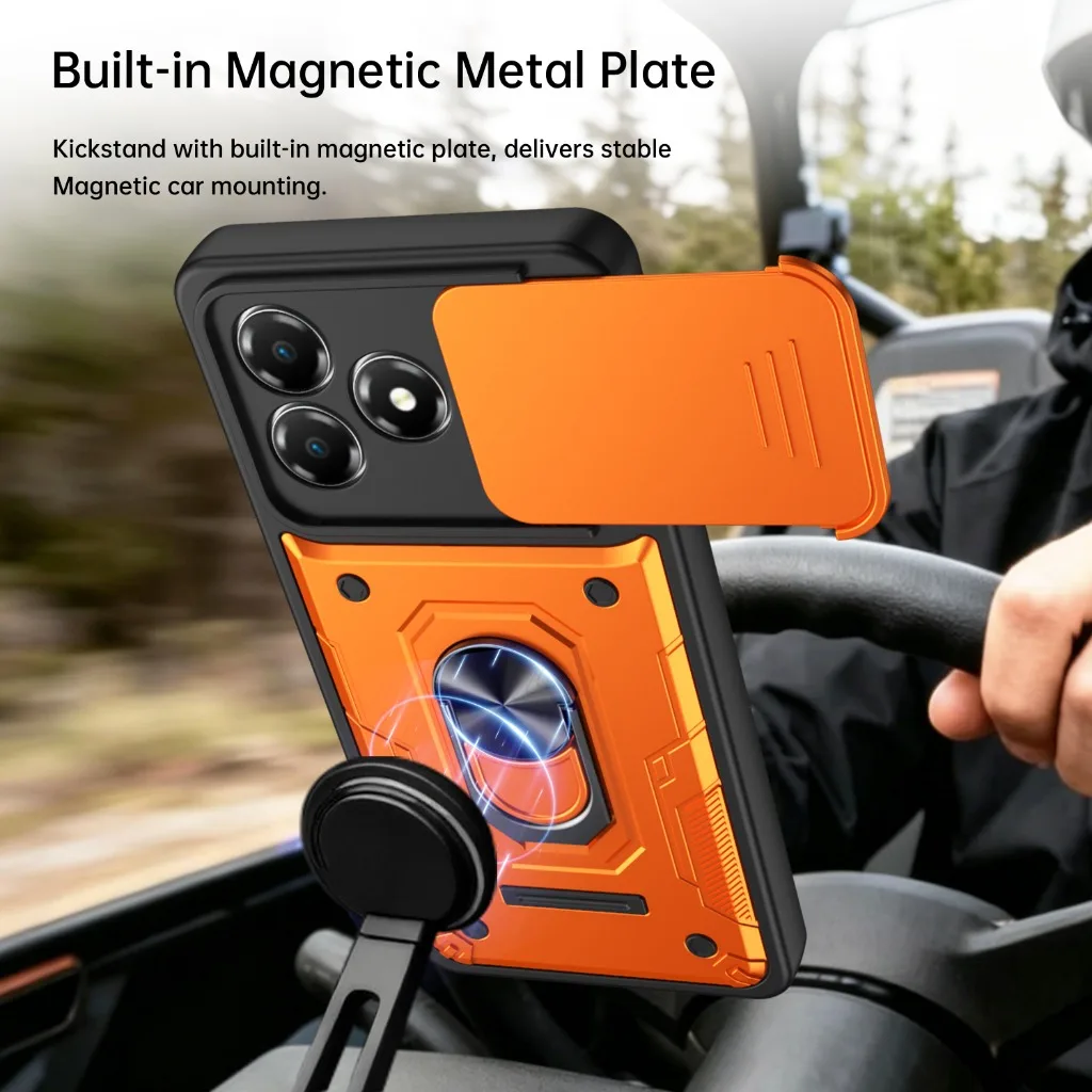 Shockproof Armor Phone Case with Slide Camera Protection and 360° Rotating Ring Holder Kickstand