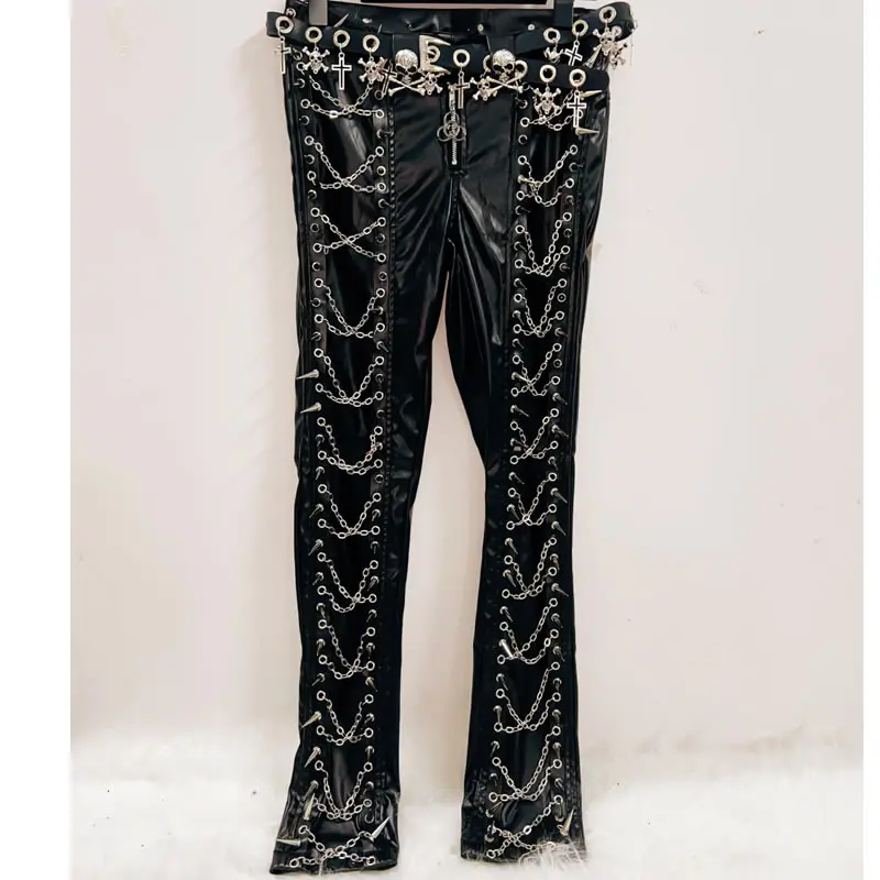 Metal Chain Faux Leather Trousers 1