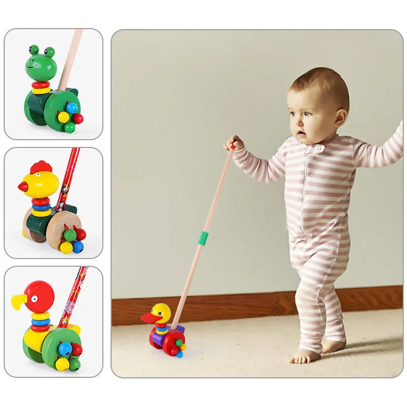 Baby Learning Walking Toys Wooden Animal Trolley Push Rod Cartoon Roller Cart Balance Coordination Exercise Kids Preschool Toys