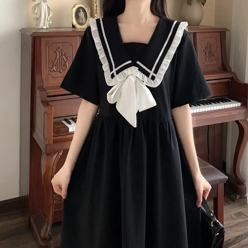 Large Size 6XL 150KG Summer Women Long Black Dress Short Sleeve Sailor Collar Loose High Waist Dresses Ladies Casual Large Dress