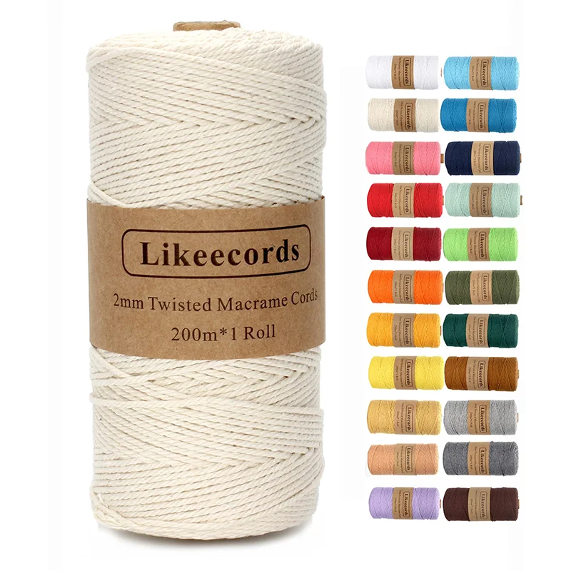 Likeecords Macramé koord, 3 mm x 100 m, gekleurd macramétouw, katoenen