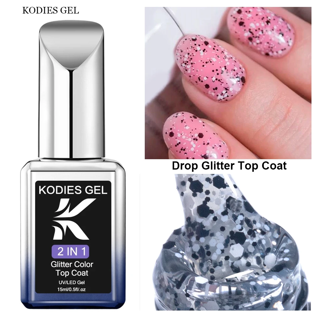 KODIES GEL Confetti Glitter Top Coat gel nail polish gel nail varnish nail polish finish UV Gel Nail Polish 15ML Semi Permanent Black White Sequins Nail Art Decorations Gel Finish
