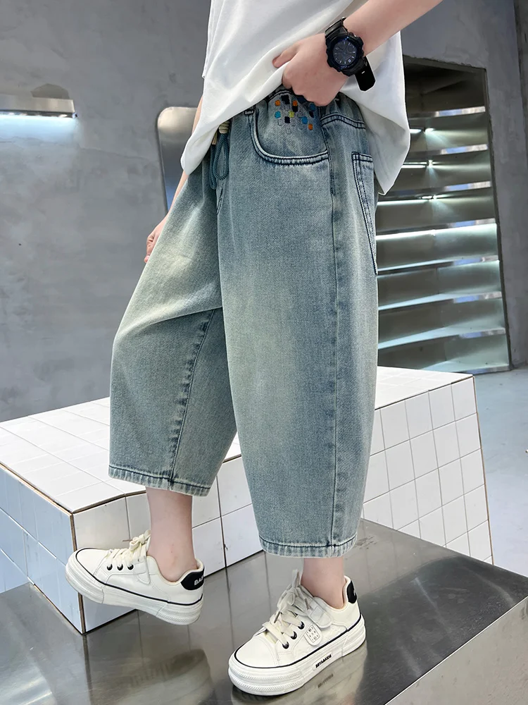 시크한 7부 남아 반바지 여름 신상 청반바지 중간 허리 밴딩 워싱 가공 트렌디한 아동복