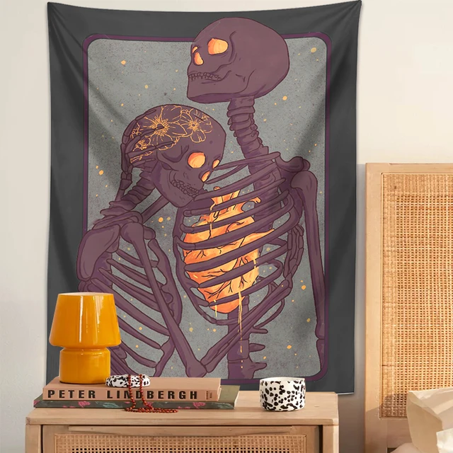 Csontváz Ölelés Gobelin Falfüggő Koponya Pszichedelikus A Szerető Szív Pár Jóslás Bohém Falfesték Virág Takaró - Image 4