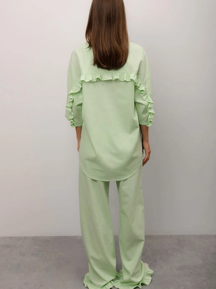Marthaqiqi Green Female Nightgowns Suit Three Quarter Sleeve Sleepwear Sexy V-Neck Pajamas Wide Leg Pants Home Clothes For Women