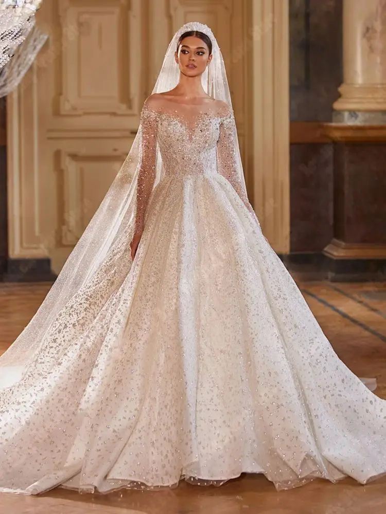 Luxury V-Neck Women Wedding Dresses Bright Sequin Bridal Gowns A line Mopping Length Long Sleeves Vestidos De Novias Customized 4