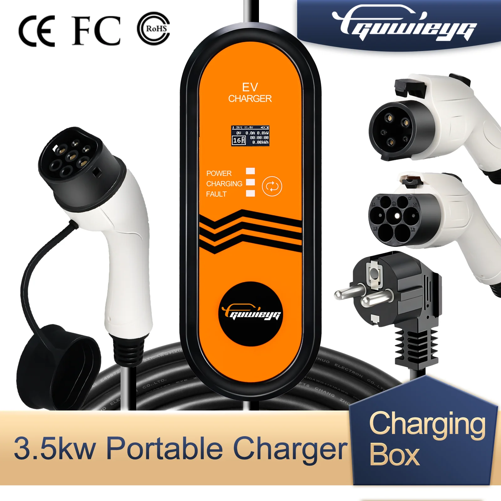 GUWIEYG35KWPortableEVChargerType2IEC62196EVSEChargingCableG