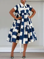 Yeezzi Women's Plaid Contrast Color Pleated Lapel A-line Dress Short Sleeves High Waisted Loose Casual Office Midi Dresses 2025