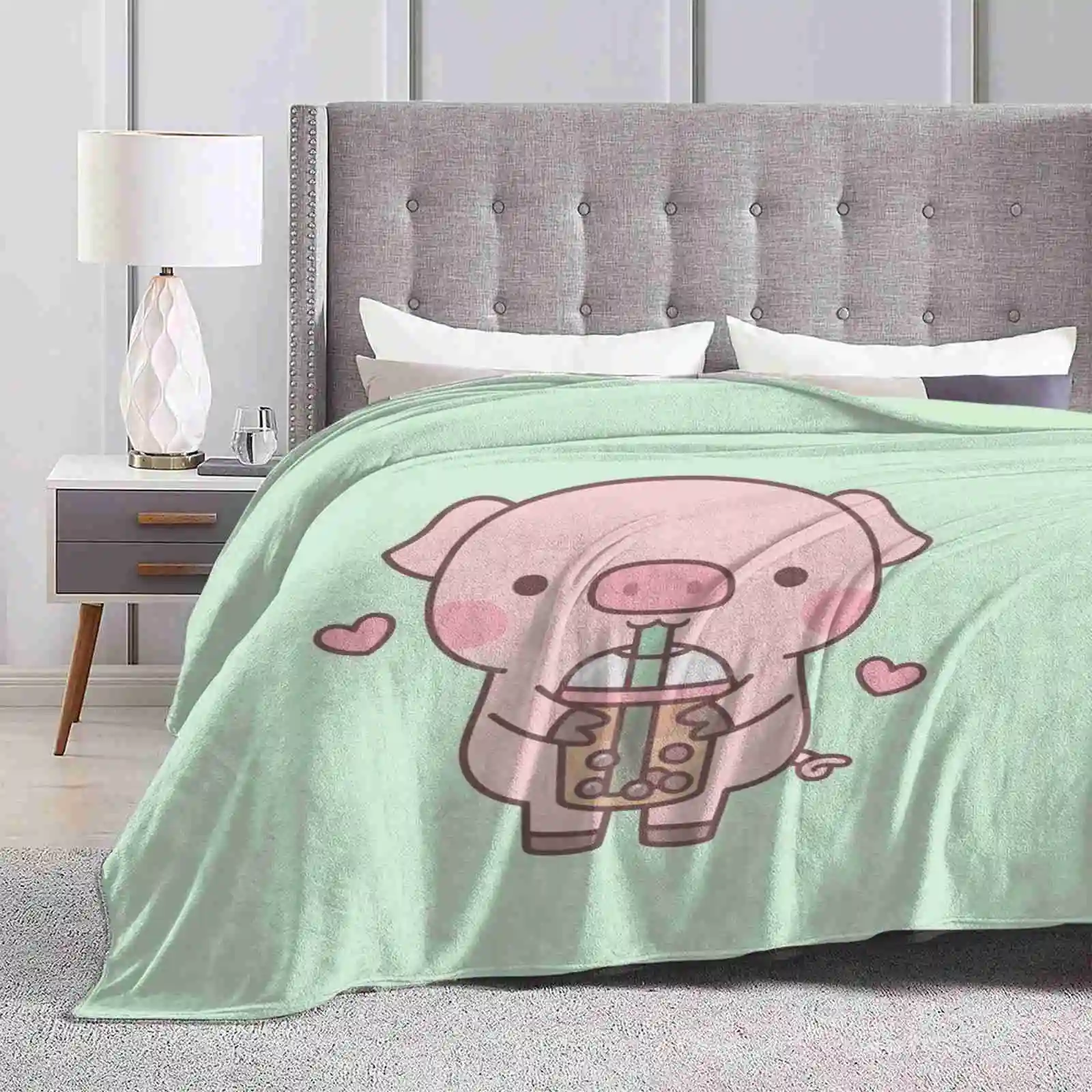 Cute Little Piggy Loves Boba Tea Nuovo Arrivo Fashion Leisure Warm Flanella Coperta Bubble Tea Cute Pig Boba Tea Beverage Tapioca