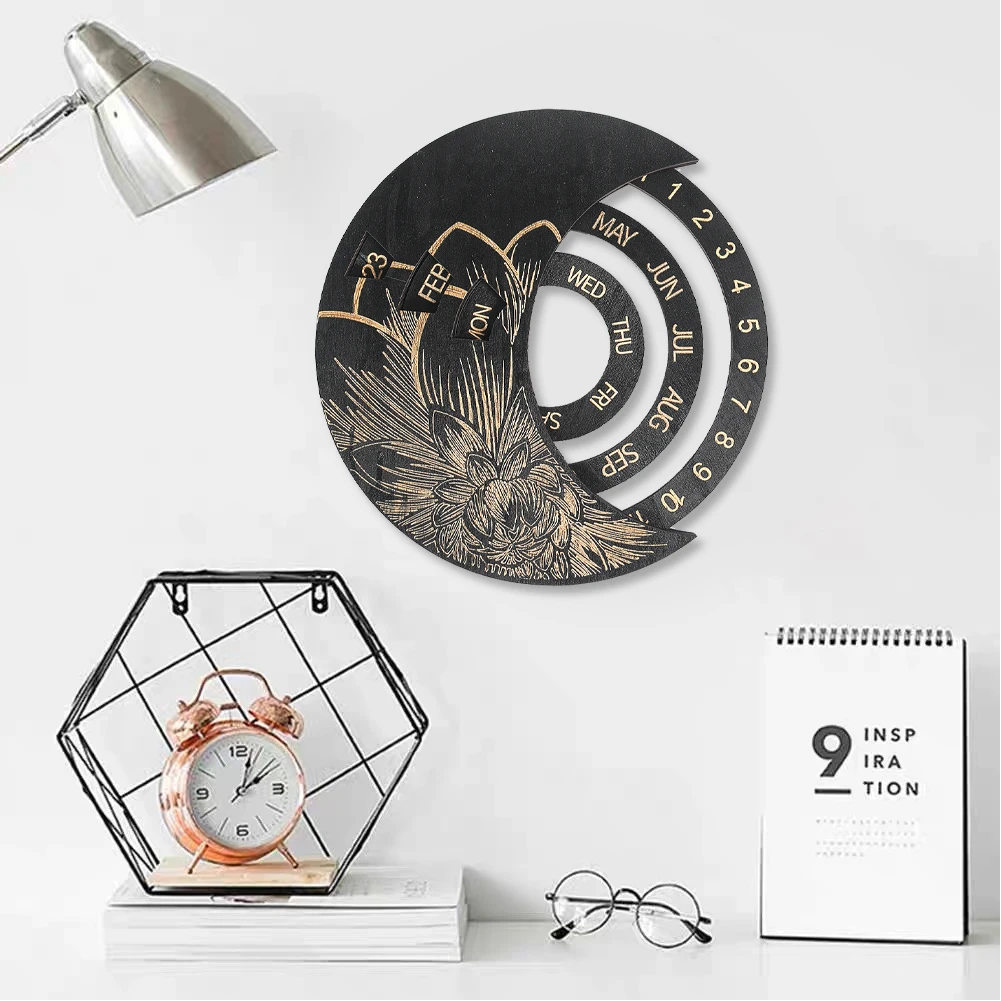 Wooden Round Rotatable Perpetual Calendar Laser Engraving Flower Pattern Estudio Wall Decor Clock Date Week Display Crafts