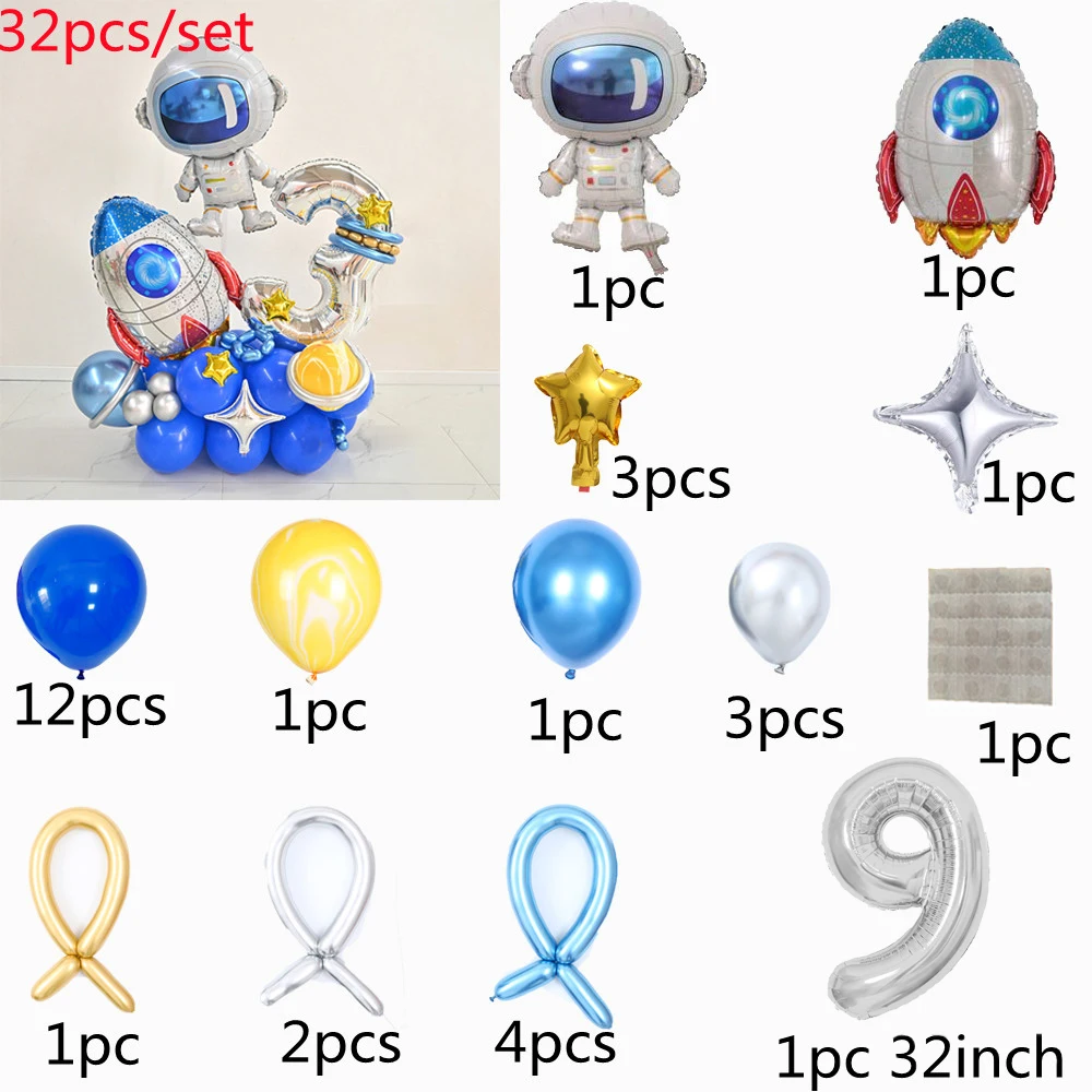 thumbnail image 1 of Globos de aluminio con números y cohetes de astronauta para fiestas temáticas del espacio exterior, decoraciones para fiestas de cumpleaños de niños, suministros para fiestas de baby shower para niños, 1 of 5