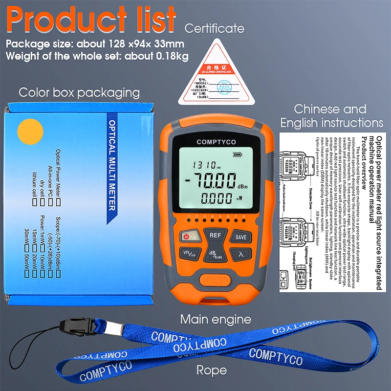 AUA-M70 1/10/15/30/50MW 4 in 1 Optical Power Meter Visual Fault Locator Network Cable Test Optical Fiber Tester VFL -70~+10dBm