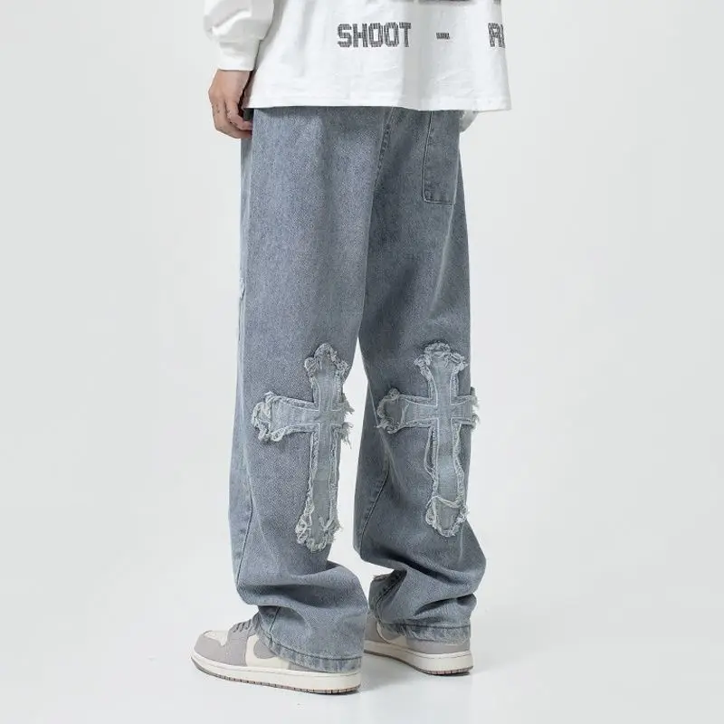 

High Street Men Jeans Cross Patchwork Hip Hop Straight Wide Leg Pants Loose Long Distressed Male Casual Streetwear
