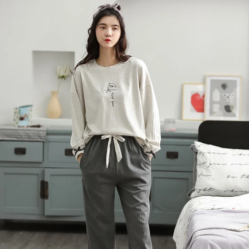 심플한 프린트 캐주얼 레터 잠옷 세트, 코튼 긴팔 바지, 가을 및 겨울 라운지웨어, 여성 홈웨어 수트 3