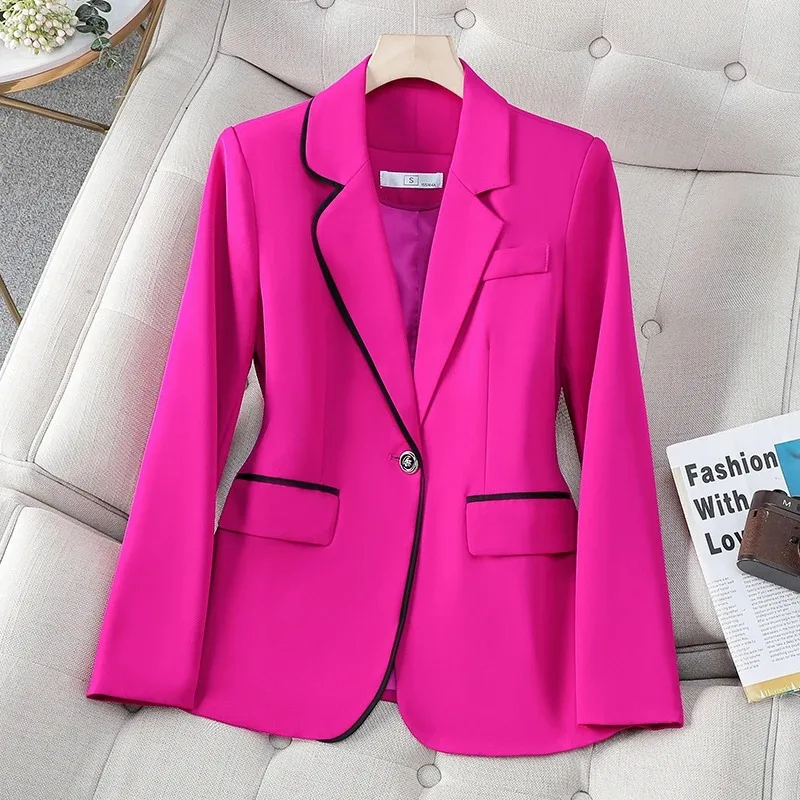 

2023 Spring Autumn Rose Red Patchwork Slim Long Sleeve Black Blazer Coat New White Business Women Work Suit Jackets Korean Trend