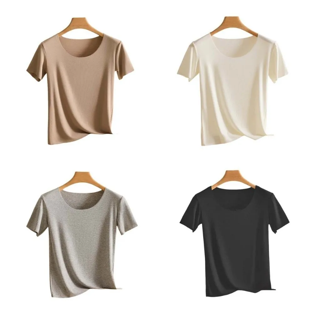 Breathable U Round Neck Women Thin T-shirts Korean Style Solid Color Female Crop Tops Undershirt Modal Base Shirt Travel