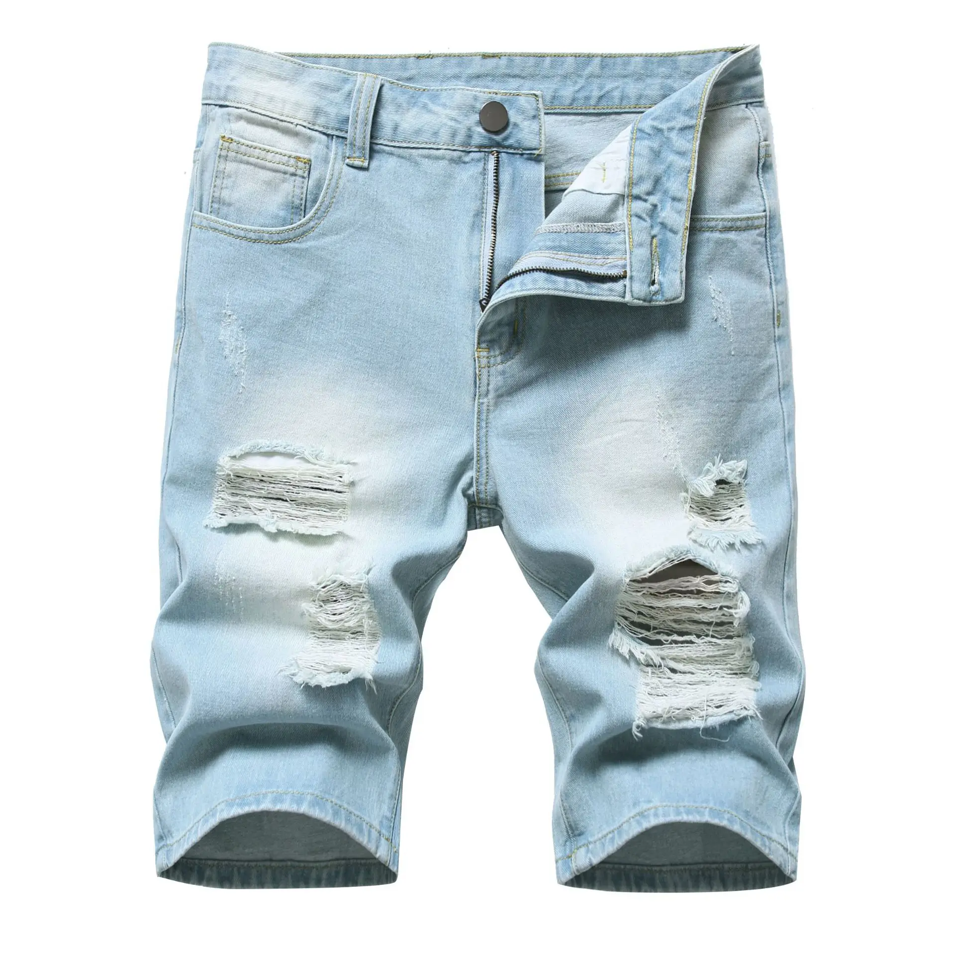 Holes Denims Men Distressed Ripped Pockets Skateboarding Knee Length Pants Washed Mid Waist Straight Jeans Streetwear
