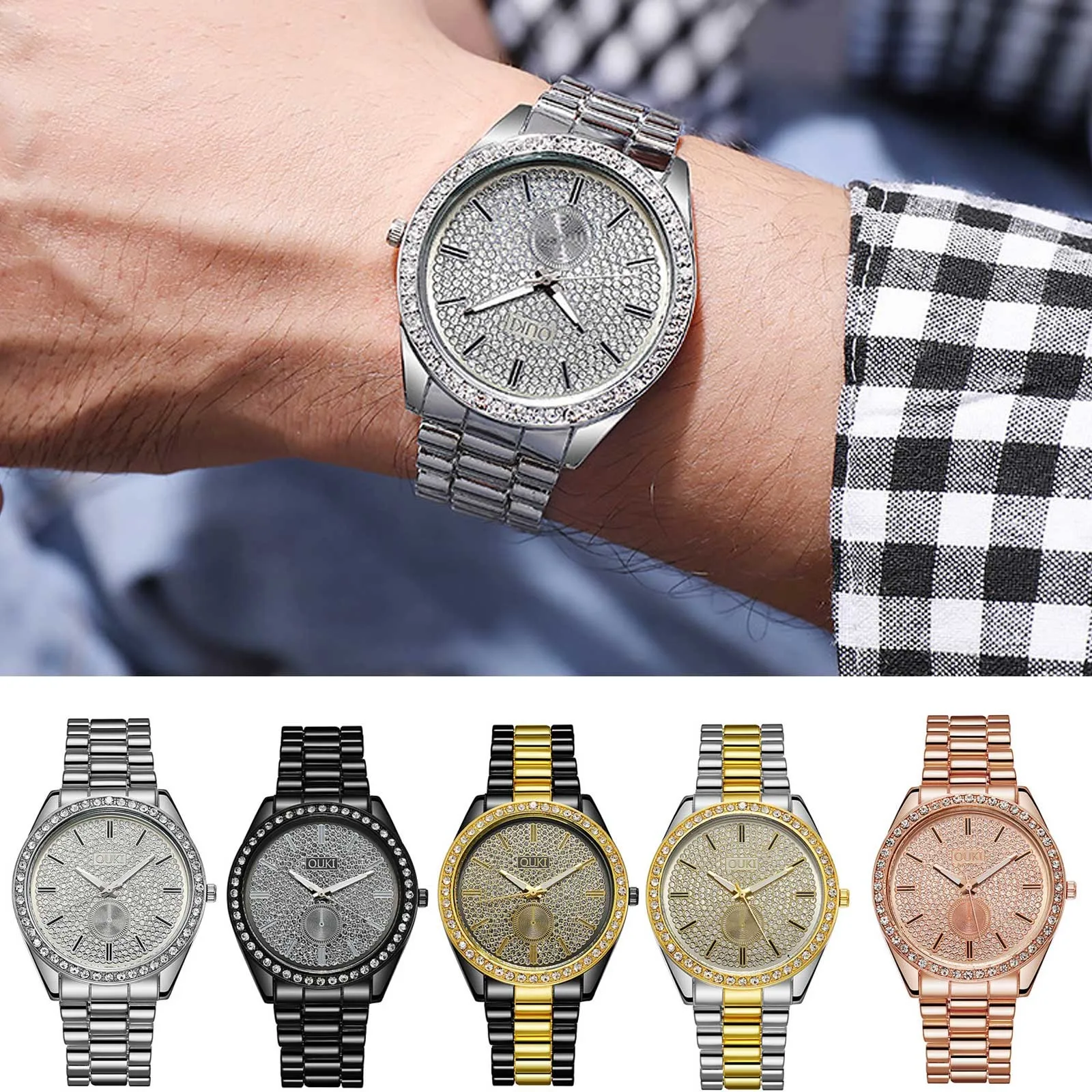 

Fashion Men'S Quartz Watches Luxury Diamonds Large Round Dial Wristwatch Business Steel Watch For Men Reloj Hombre