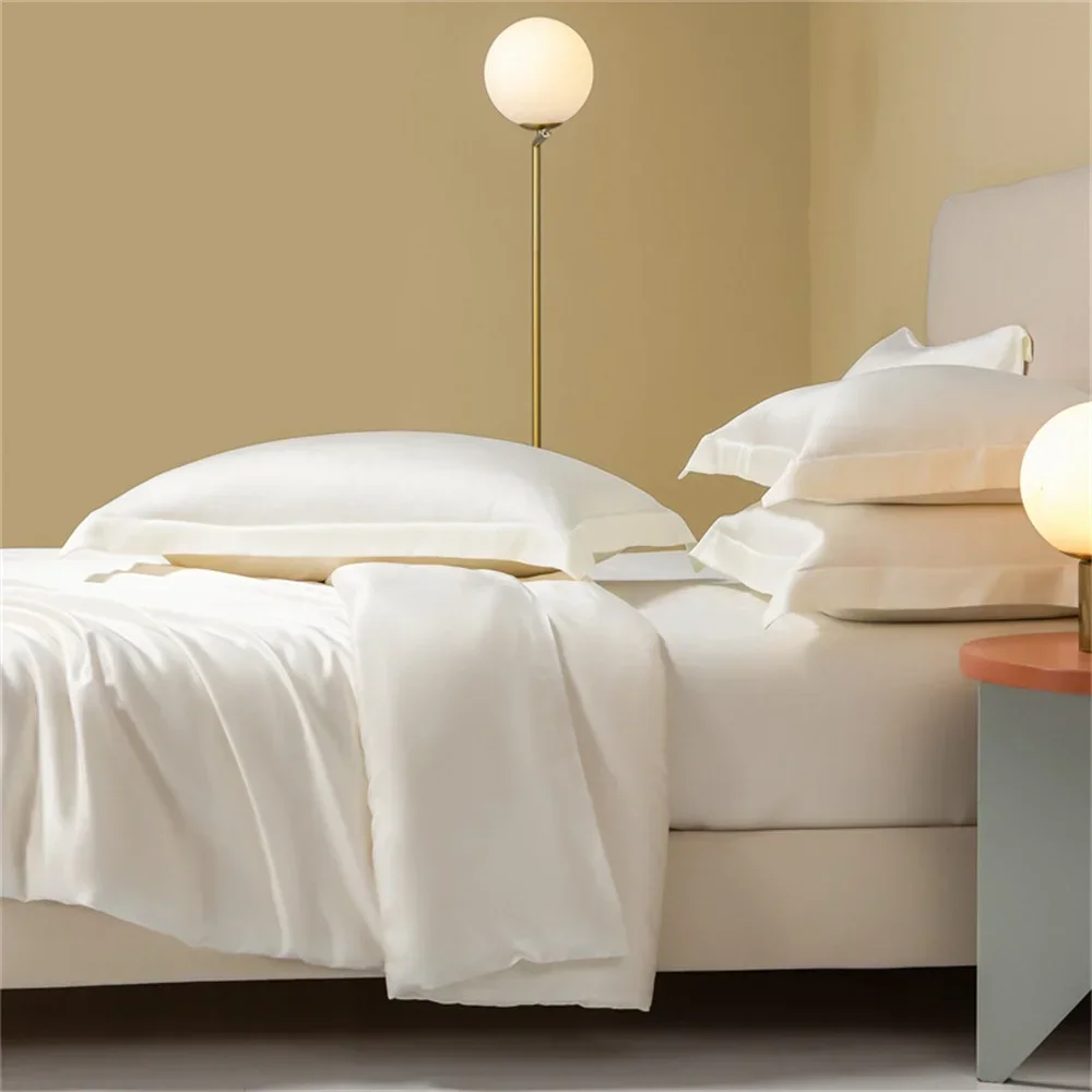 

Noble White 100% Silk Bedding Set Silky Healthy Duvet Cover Flat Sheet Pillowcase Queen King Bed Linen