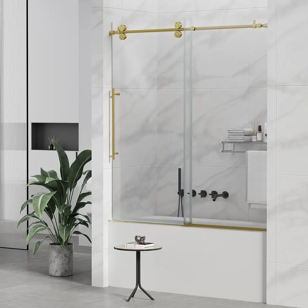60x60 Frameless Sliding Tub Door Handle Glass Bathtub Shower Door 5/16" 8mm Clear SGCC Tempered Adjustable Walk-in Stainless 2